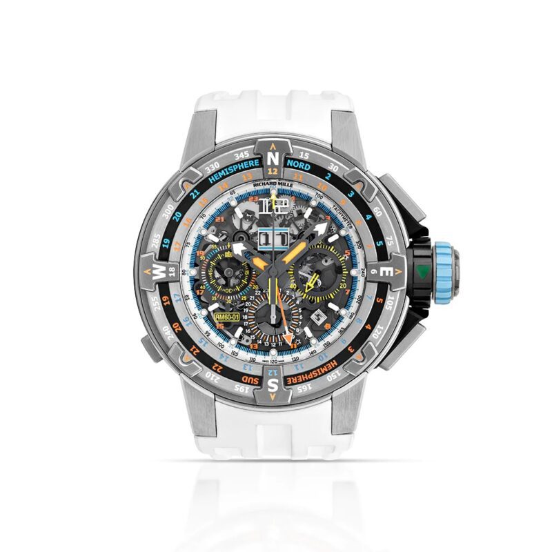 A standout among the best luxury watches, this wristwatch features a white band, transparent dial showcasing intricate gears, and a bezel adorned with compass directions and vibrant colored accents.