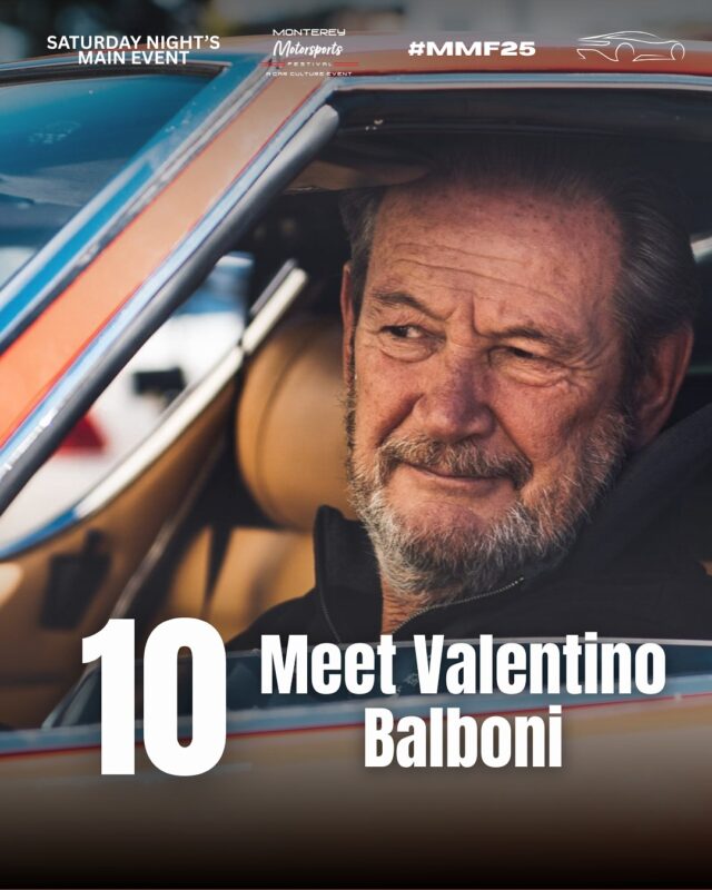 A man with a beard sits in the driver's seat of a classic car, looking out the window. Text reads: "10 Meet Valentino Balboni.