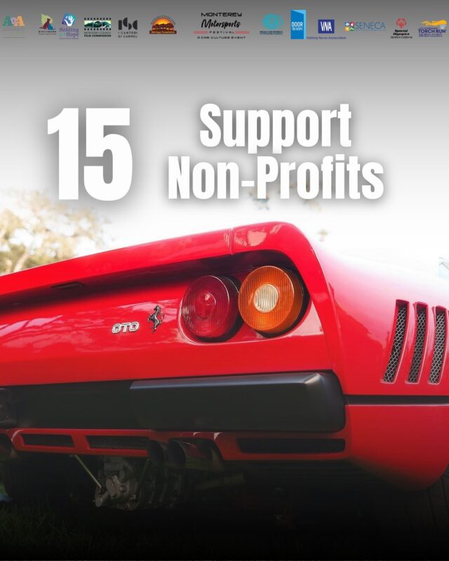 Close-up of the rear of a red Ferrari GTO sports car with the text “15 Support Non-Profits” above and various logos along the top edge.