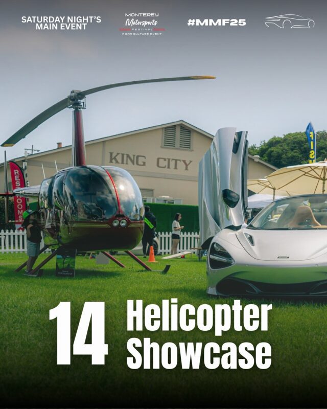 A helicopter and a white sports car are displayed on a grassy field in front of a building labeled "King City" at an outdoor event. Text reads "14 Helicopter Showcase.