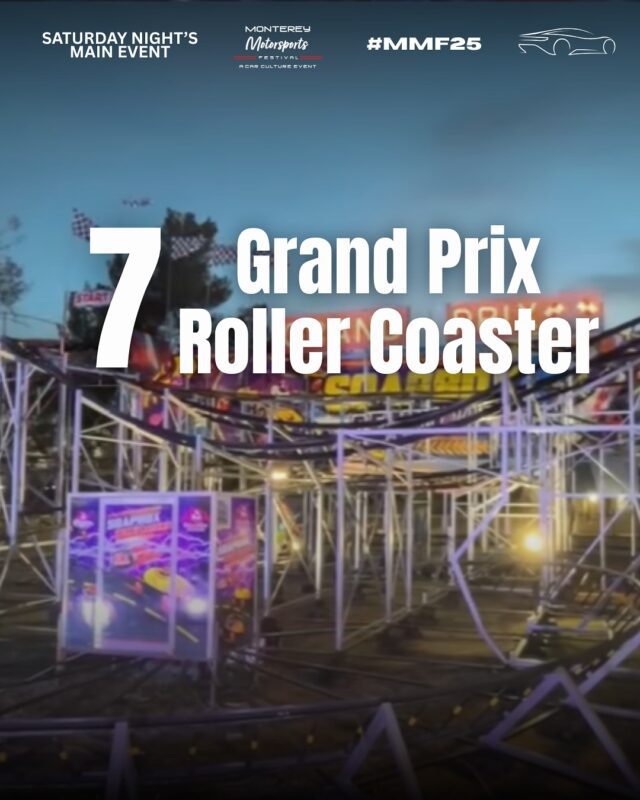 A roller coaster named Grand Prix at an outdoor event, with signage and lights visible in the background. The text reads, "7 Grand Prix Roller Coaster.