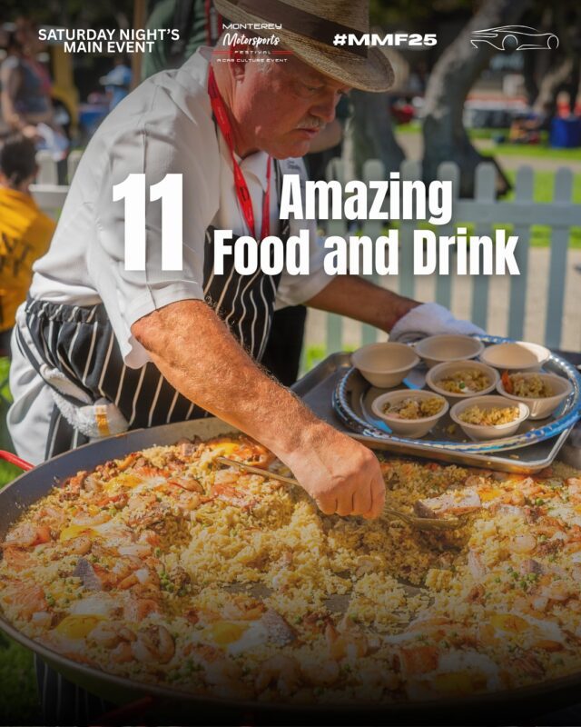 A chef in a white hat serves paella from a large pan into bowls at an outdoor event, with text reading “11 Amazing Food and Drink.”.