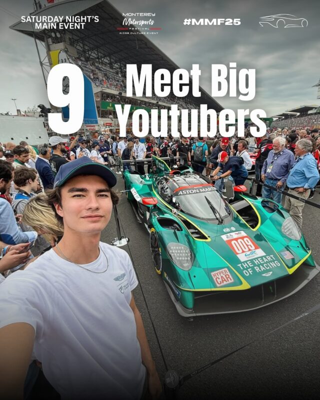 A young man takes a selfie in front of a green Aston Martin race car surrounded by a crowd at a motorsport event. Text reads, "9 Meet Big Youtubers.