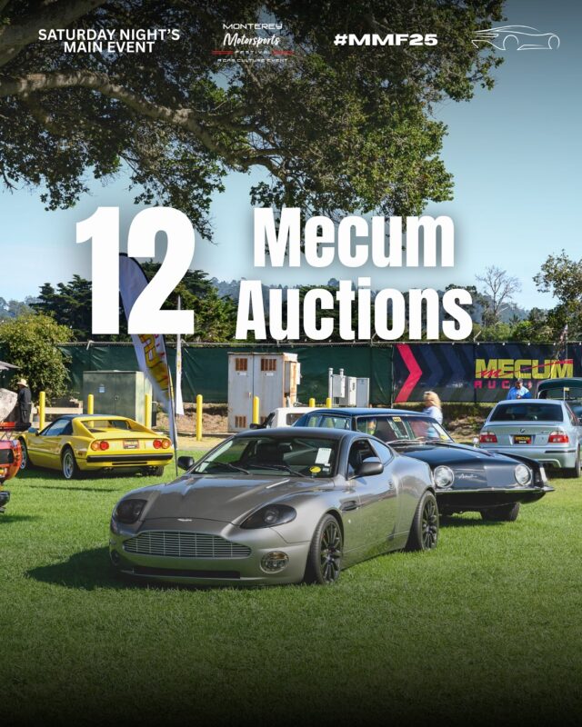 A group of classic and luxury cars parked on grass at an outdoor Mecum Auctions event, with large text reading "12 Mecum Auctions.