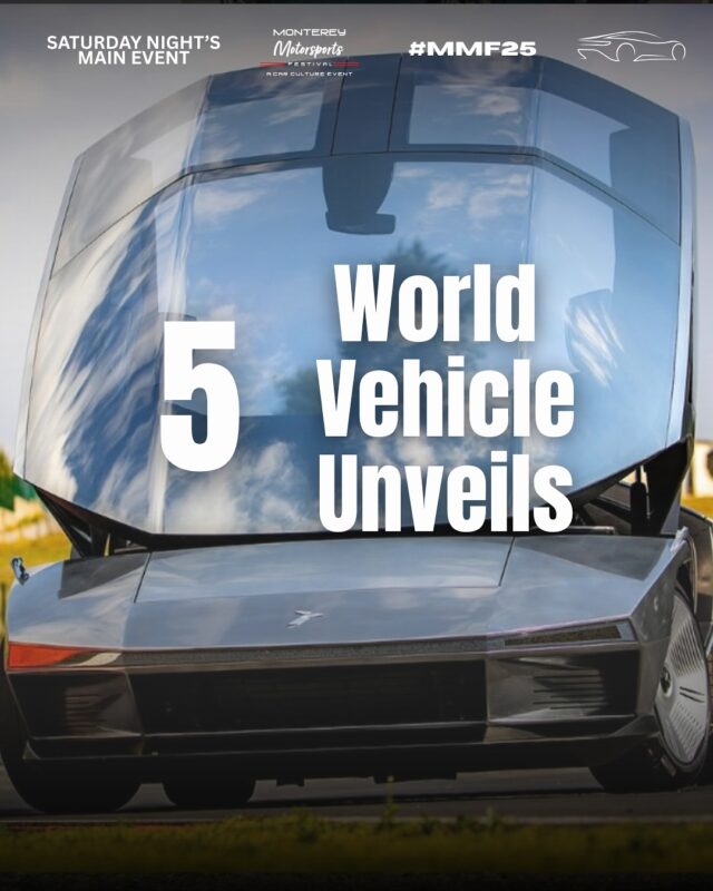 A futuristic silver car with a large windshield is featured with bold text that reads "5 World Vehicle Unveils" and event details in the corners.