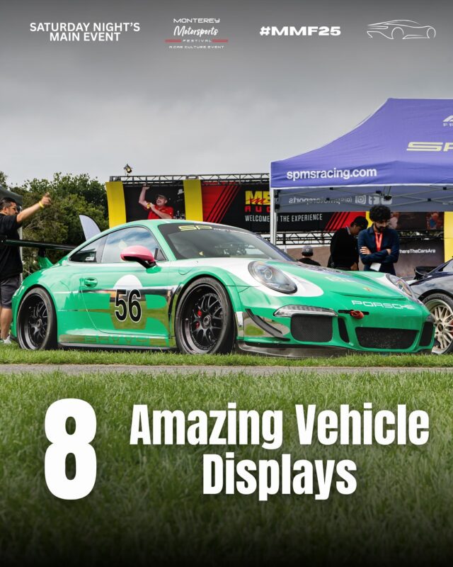 A green and white Porsche race car is displayed on grass at an outdoor car event, with tents and people in the background. Text reads, "8 Amazing Vehicle Displays.