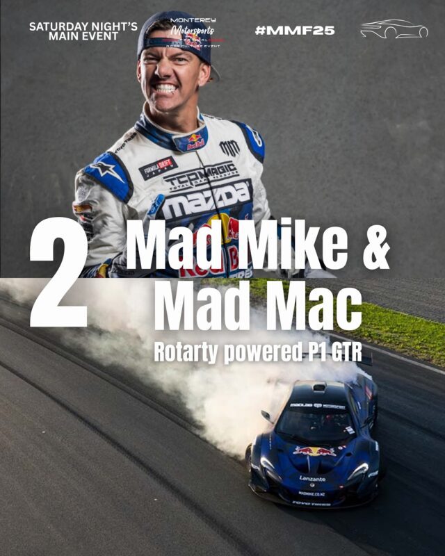 A race car driver in a Mazda racing suit stands above a drifting Mazda car on a track, with text reading "Mad Mike & Mad Mac Rotary powered P1 GTR" and event details.