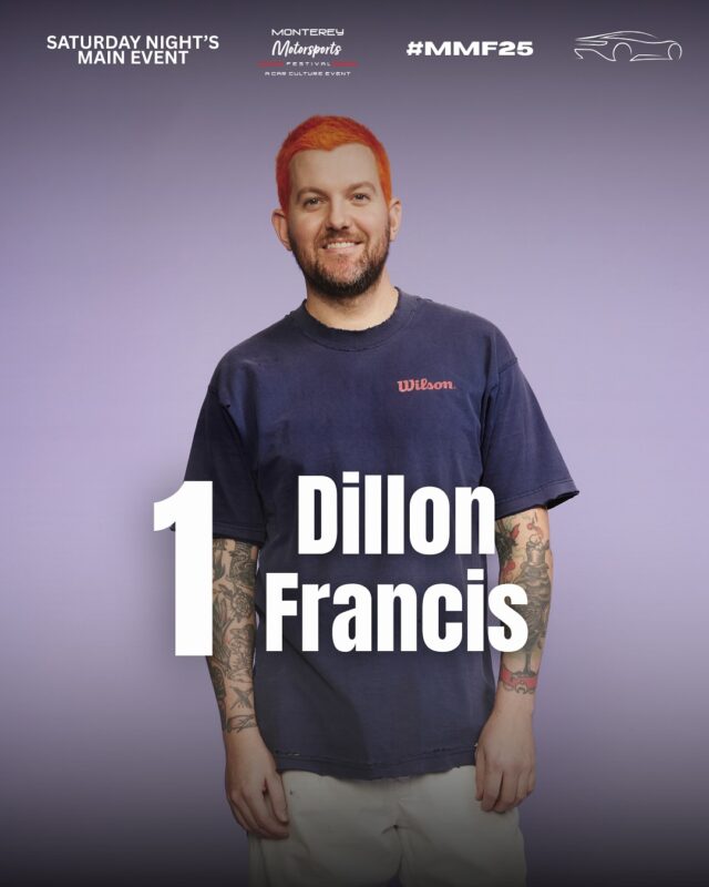 Dillon Francis stands smiling against a purple background with "1 Dillon Francis" in bold text over his torso. Event logos and text appear at the top of the image.