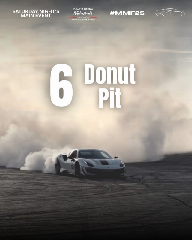 A white sports car creates tire smoke while drifting on asphalt; text reads "6 Donut Pit" with event details at the top.