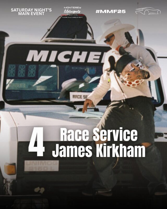A person in racing gear stands next to a vehicle labeled "Race Service" with a helmet in hand. The text reads "4 Race Service James Kirkham.