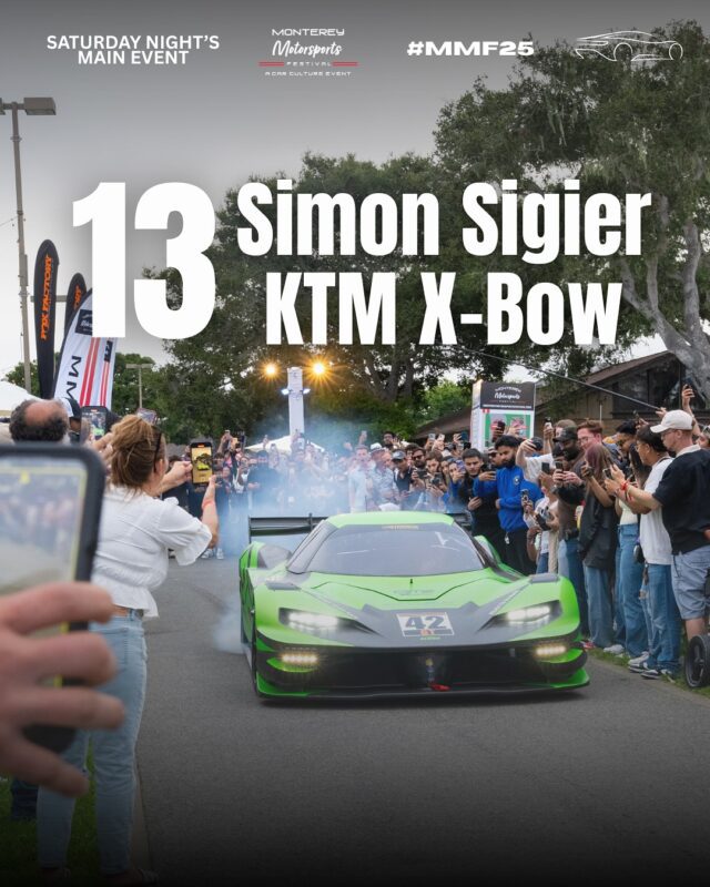 A green KTM X-Bow car driven by Simon Sigier, numbered 13, drives through a crowd at a motorsport event with people taking photos.