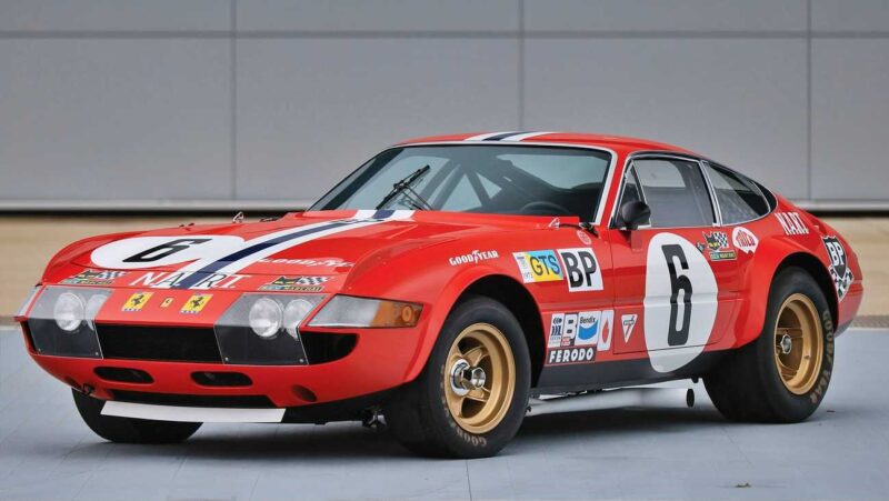 A red vintage race car with number 6 and sponsor decals is parked on a smooth surface before a gray wall, reminiscent of classic contenders for the 10 Most Expensive Cars To Sell At 2025 Monterey Car Week Auctions.