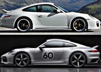 Two silver Porsche sports cars are shown in side profile—a classic and a modern—with the number 60 on the door, highlighting a Porsche 911 Comparison: 997 Sport Classic vs 992 Sport Classic.