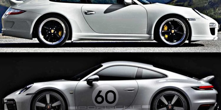 Two silver Porsche sports cars are shown in side profile—a classic and a modern—with the number 60 on the door, highlighting a Porsche 911 Comparison: 997 Sport Classic vs 992 Sport Classic.