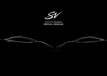Two car silhouettes face each other in profile against a black background, as “SV” and “Gordon Murray Special Vehicles” text above subtly reveals the signature style of Gordon Murray.