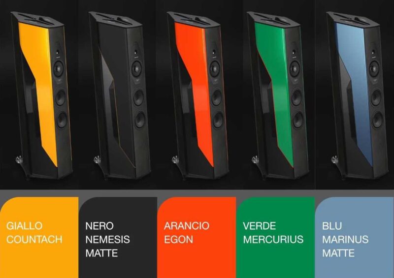 Five tall speakers stand in a row, each featuring a bold colored front panel—yellow, black, orange, green, and blue—with labels below. Only 50 Worldwide: Lamborghini x Sonus Faber Il Cremonese Ex3me to make Monterey debut.