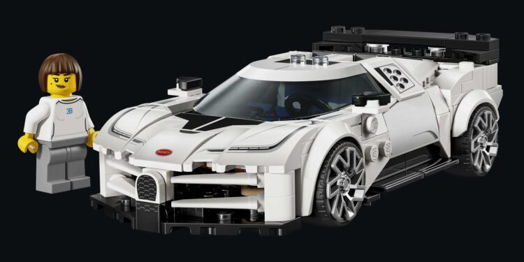 A white LEGO sports car with black details is displayed on a black background, accompanied by a LEGO figure in white. LEGO and Bugatti unite to celebrate the iconic Centodieci, bringing this legendary car to brick-built life.