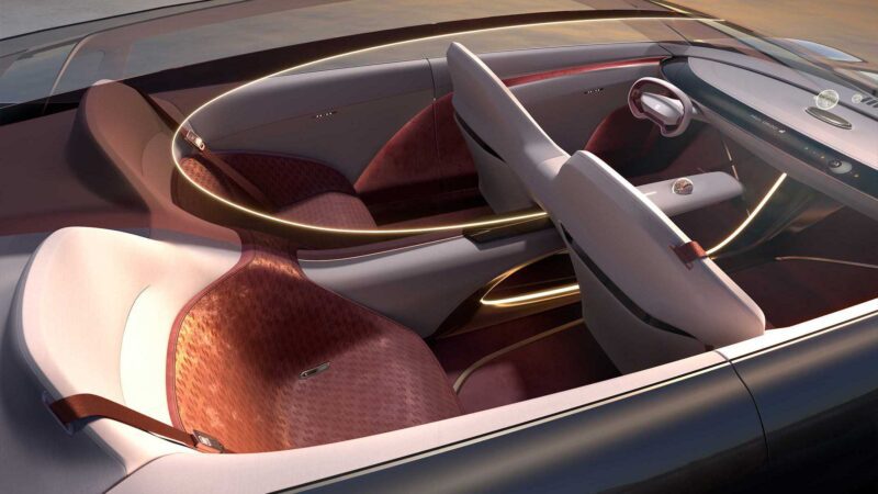 Futuristic car interior with four seats, minimalistic dashboard, digital steering wheel, and ambient lighting, viewed from above through a transparent roof—Buick Electra Orbit Concept: Where '50s Jet Age Meets Modern Minimalism.