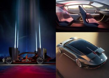 A futuristic Buick Electra Orbit Concept car, where '50s Jet Age meets modern minimalism, is shown with open doors under vertical lights, a sleek two-seat interior, and an overhead view as it drives across sandy terrain.