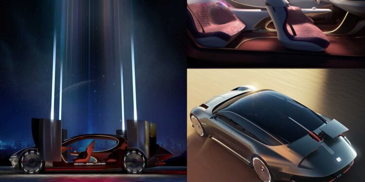 A futuristic Buick Electra Orbit Concept car, where '50s Jet Age meets modern minimalism, is shown with open doors under vertical lights, a sleek two-seat interior, and an overhead view as it drives across sandy terrain.