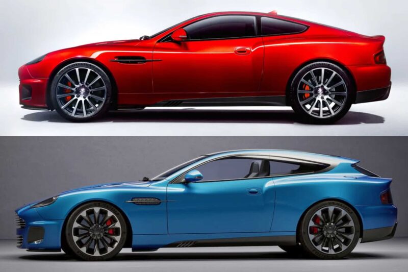 Two sports cars by Callum Design are shown side-by-side: a red Vanquish 25 coupe on top and a blue Shooting Brake wagon on the bottom, both viewed from the side against a plain background.