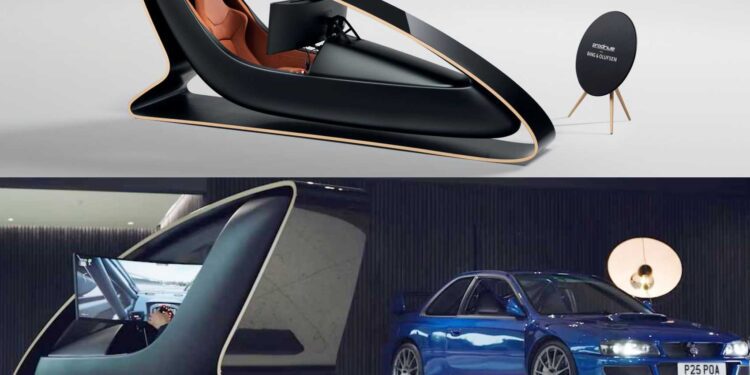 A modern Collector’s Racing Sim: Ex-Jag Designer and Prodrive unveil a limited edition rig with B&O sound, featuring a sleek black frame and brown seat, shown alone and in use near a blue sports car in an indoor setting.