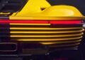 Close-up of the rear end of a yellow and black Ferrari Daytona SP3 sports car, showing the taillight, aerodynamic fins, and part of the rear grill—an exclusive masterpiece with a $26 million price tag fit for a billionaire.