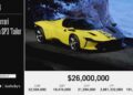 A yellow and black 2025 Ferrari Daytona SP3 Tailor Made, fit for a billionaire, is on display at an RM Sotheby's auction with a current bid of $26 million, shown alongside currency conversions.