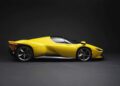 A yellow Ferrari Daytona SP3 with a sleek, aerodynamic design is shown in side profile against a dark background, hinting at the taste of an enigmatic billionaire and its $26 million allure.