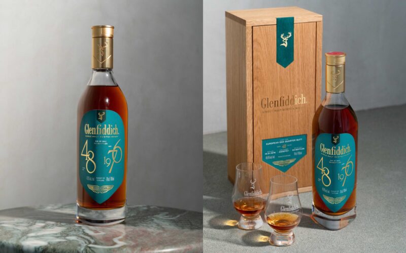 A bottle of Glenfiddich 48-year-old whisky stands alone on the left; on the right, it’s paired with two glasses and a wooden Glenfiddich box, evoking the luxury of Monterey or an Aston Martin experience.