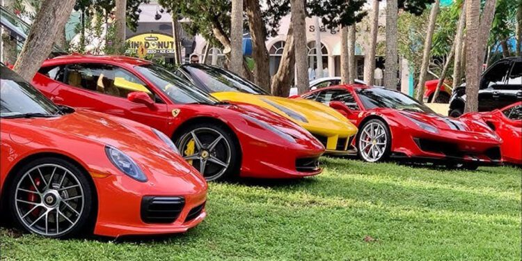 Several red and yellow sports cars, including Ferraris and a Porsche, are parked on grass under trees at the Exotic Car Show in St. Armands Circle, Sarasota.