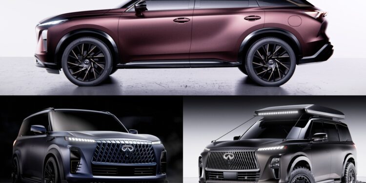 A side view of a maroon luxury SUV above two black luxury SUVs—one with a city design and the other modified for off-road use—highlights Infiniti’s 2025 Monterey Showcase: QX80 and QX65 SUV Concepts Take Center Stage.