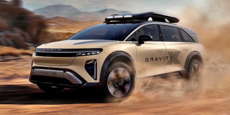 A beige Lucid Gravity SUV with a roof box drives off-road, kicking up dust in a desert landscape—echoing the trail-ready spirit of the Pebble Beach Debut: Rugged Lucid Gravity X Concept with 828 HP and adventure-focused upgrades.