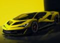 A yellow and black Lamborghini Fenomeno, the limited-run V12 masterpiece unveiled at Monterey, is parked indoors against a background split between yellow and black.
