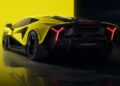 A yellow and black Lamborghini Fenomeno, the limited-run V12 masterpiece unveiled at Monterey, sports bold angular lines and LED taillights as it sits parked indoors against a matching yellow and black backdrop.