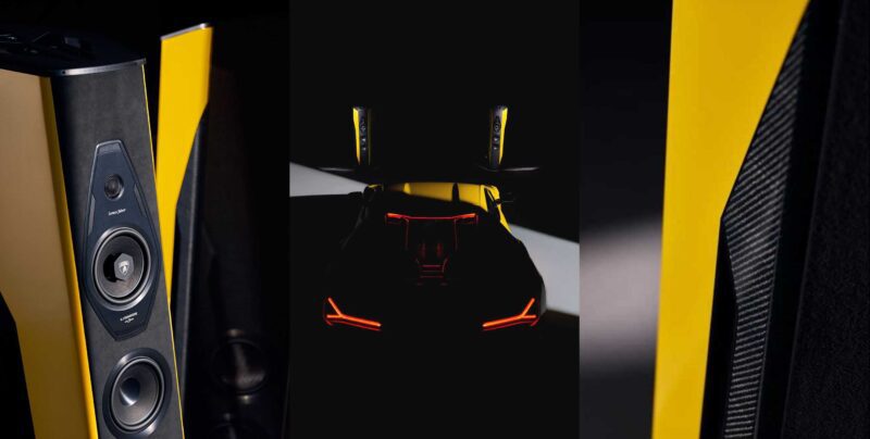 Composite image featuring close-ups of black and yellow audio speakers on the sides and the rear view of a yellow sports car—Only 50 Worldwide: Lamborghini x Sonus Faber Il Cremonese Ex3me To Make Monterey Debut—in the center with illuminated red taillights.