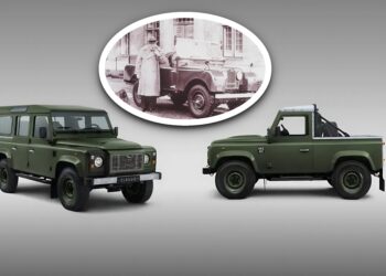 Two green Land Rover vehicles are shown on a gray background, with an inset black-and-white photo of a person beside an older Land Rover. Only 10 Will Exist: Land Rover Honors Winston Churchill With $300K Classic Defender.