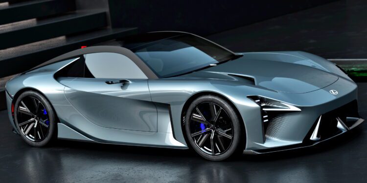 A sleek, silver Lexus Sport Concept debuts at Pebble Beach, parked on a dark surface with black accents, sharp lines, a low profile, and distinctive LED headlights.