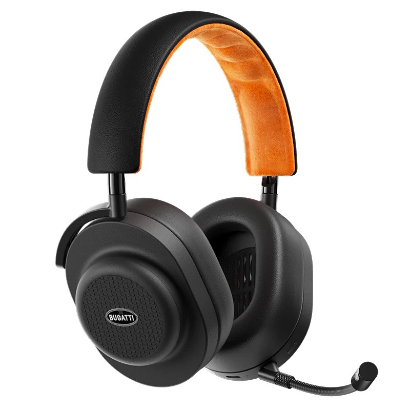 Black over-ear wireless headphones with an attached microphone, featuring a padded orange headband underside and a "Bugatti" logo on the ear cup—perfect for those seeking luxury accessories and a true style upgrade.