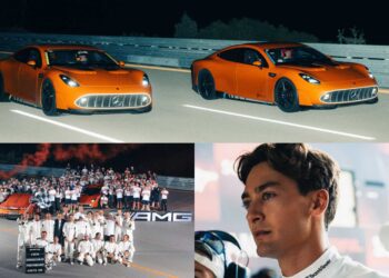 Two orange sports cars—Mercedes-AMG GTs—speed on a racetrack at night; below, a team poses with the cars at Nardò, alongside a close-up of a man in racing gear celebrating their 24-Hour Distance World Record.
