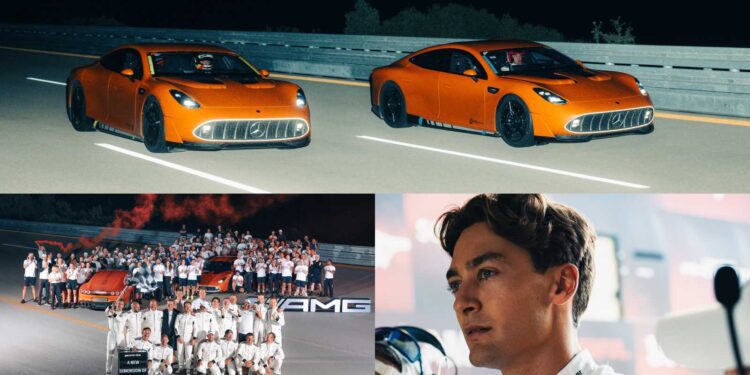 Two orange sports cars—Mercedes-AMG GTs—speed on a racetrack at night; below, a team poses with the cars at Nardò, alongside a close-up of a man in racing gear celebrating their 24-Hour Distance World Record.