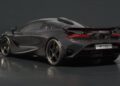 A sleek black McLaren sports car with aerodynamic features, large rear spoiler, and "750S" license plate is shown from a rear three-quarter angle in a studio setting, highlighting its 750S Le Mans heritage.