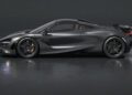 A sleek, dark gray McLaren 750S Le Mans is shown from the side against a dark background at Exotics On Broadway, featuring aerodynamic lines, low profile tires, and a rear spoiler.