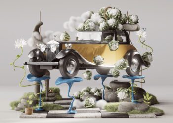 A vintage Rolls-Royce Phantom floats among blue stools, rocks, and clouds, with cauliflower heads and vines weaving around it in a surreal scene that sparks inspiration for artists.