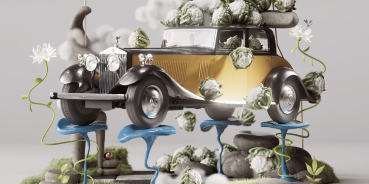 A vintage Rolls-Royce Phantom floats among blue stools, rocks, and clouds, with cauliflower heads and vines weaving around it in a surreal scene that sparks inspiration for artists.