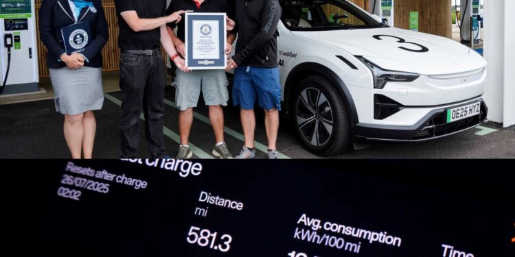 Four people stand by an electric car at a charging station, holding a certificate. Below, a dashboard display shows driving statistics—highlighting the Polestar 3 Sets New Guinness World Record for Longest Electric SUV Trip on a Single Charge.