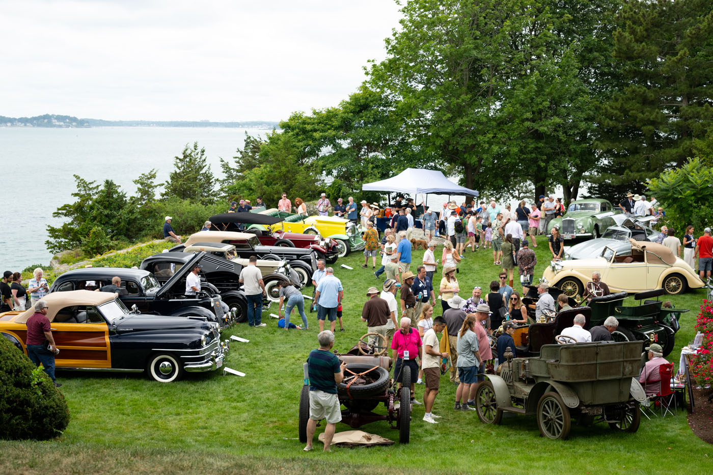 A record attendance marks the 15th Anniversary of the Misselwood Concours d’Elegance, as people gather at an outdoor classic car show on a grassy waterfront, with vintage cars gleaming and trees in the background.