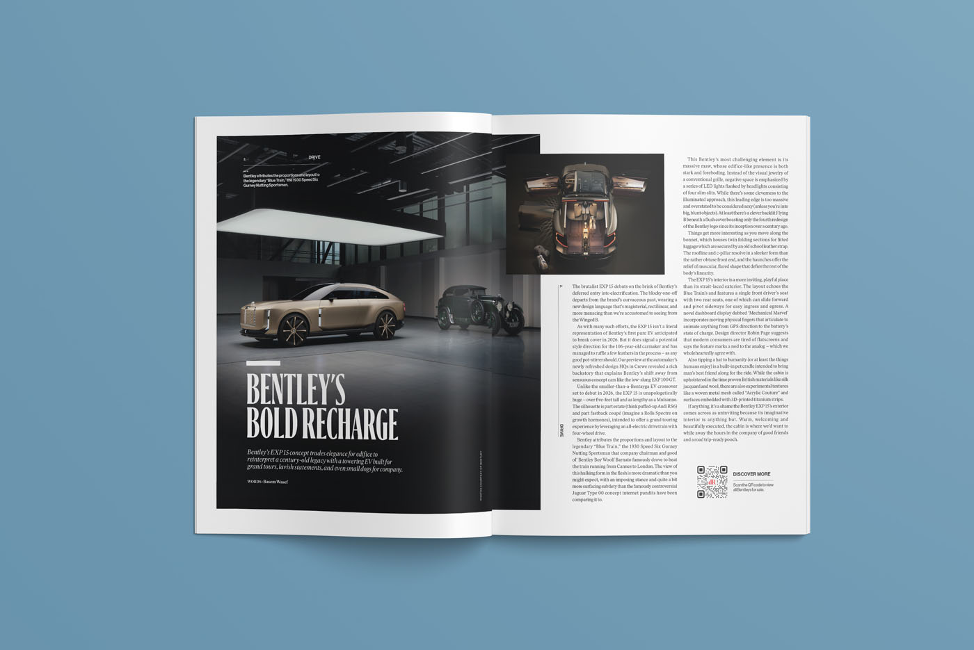 A magazine spread for duPont REGISTRY’s September 2025 issue, featuring an article titled "Bentley’s Bold Recharge," with images of two Bentley vehicles and text on a light blue background.