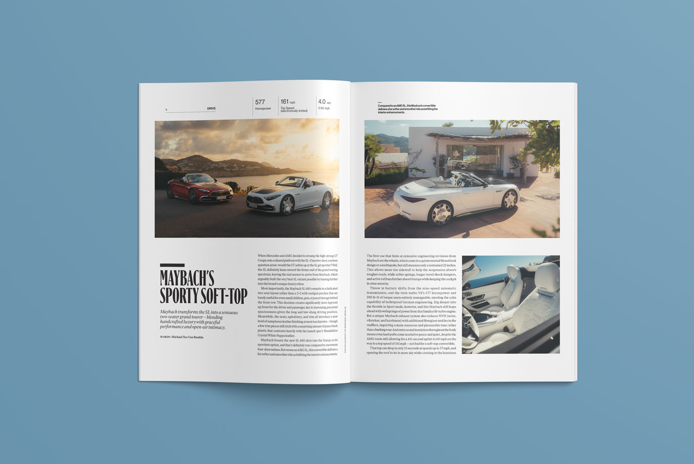 An open magazine spread from the duPont REGISTRY, dated September 2025, features photos of a white convertible car—exterior and interior shots—accompanied by descriptive text and the headline "Maybach’s Sporty Soft-Top.