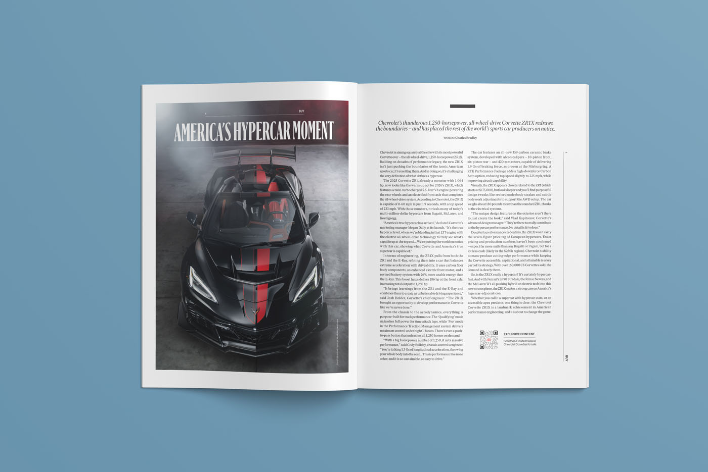 An open duPont REGISTRY magazine from September 2025 displays a feature on a black and red hypercar with the headline "America's Hypercar Moment," alongside a page of text on a blue background.